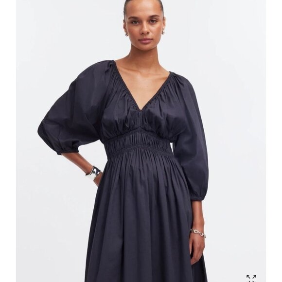 Madewell Black V-Neck Balloon-Sleeve Maxi Dress Size 6 Cinched Waist Pockets NWT - Picture 2 of 9